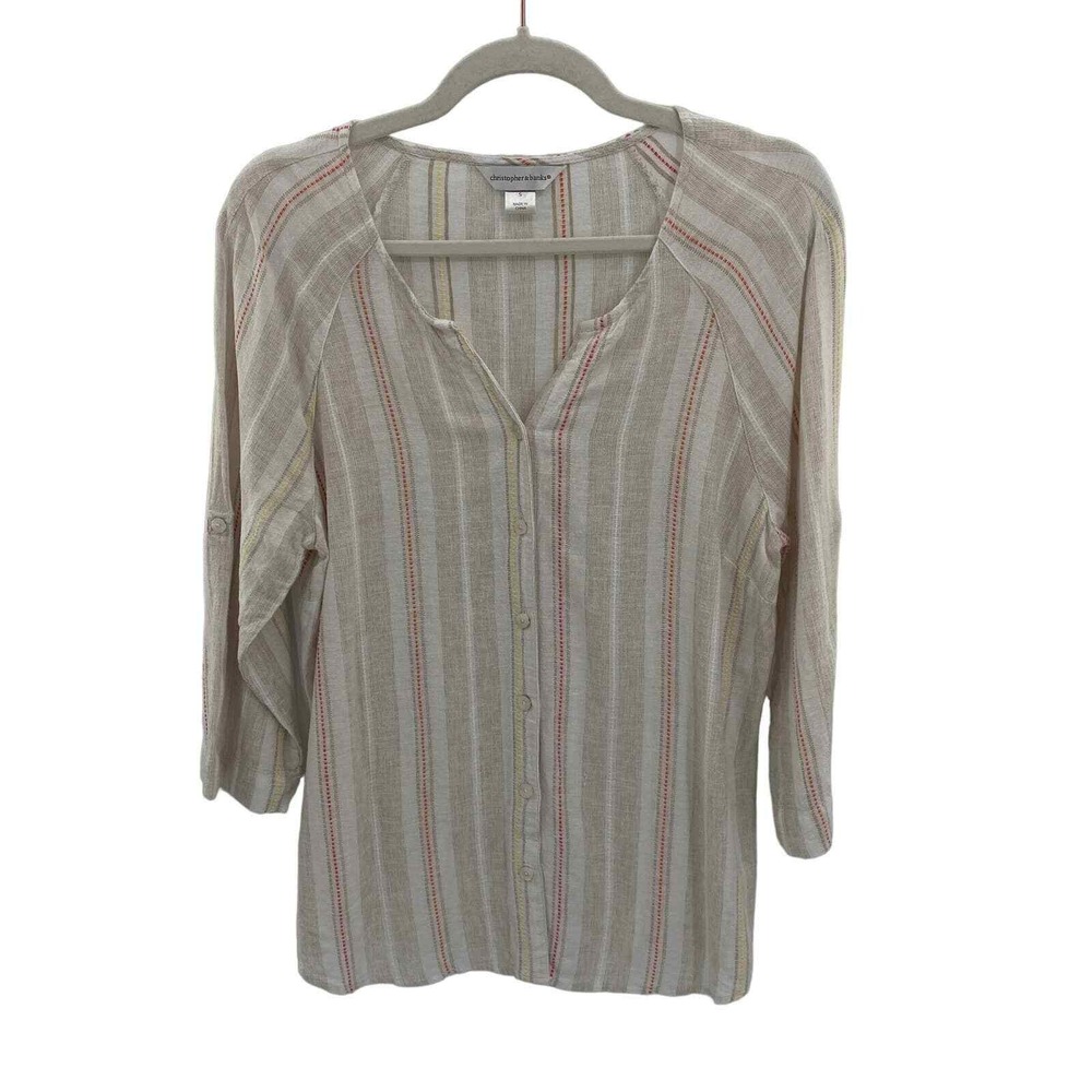 Christopher & Banks Button Front Shirt‎ Womens S White Embroidered Linen Beachy - Picture 2 of 6